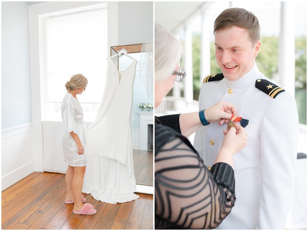 Bride admiring her bridal gown, and a groom getting pinned by his mother on his wedding day.